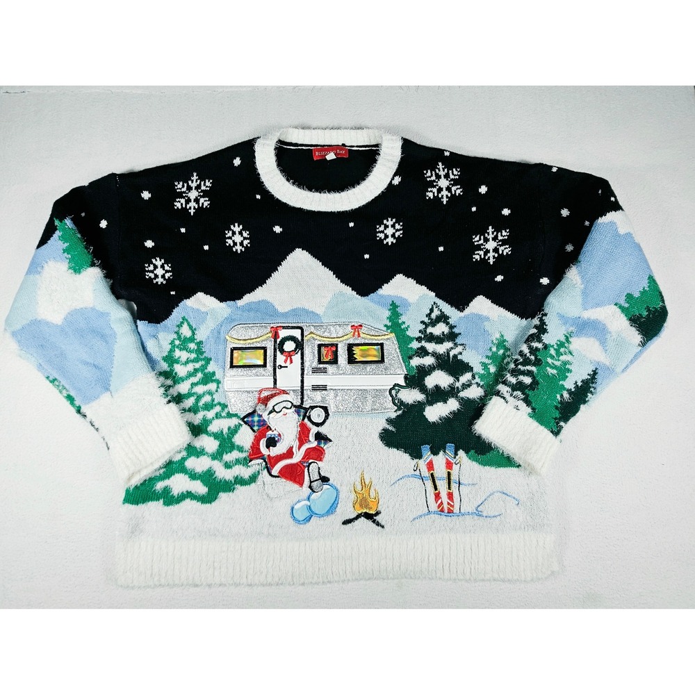 Blizzard Bay Mens Christmas Sweater Santa Camping Silver Trailer XS50469TJ Large